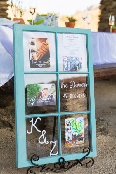 Wedding ceremony details of welcome sign at intimate desert by Phoenix wedding photographer Juniper and Co Photography.