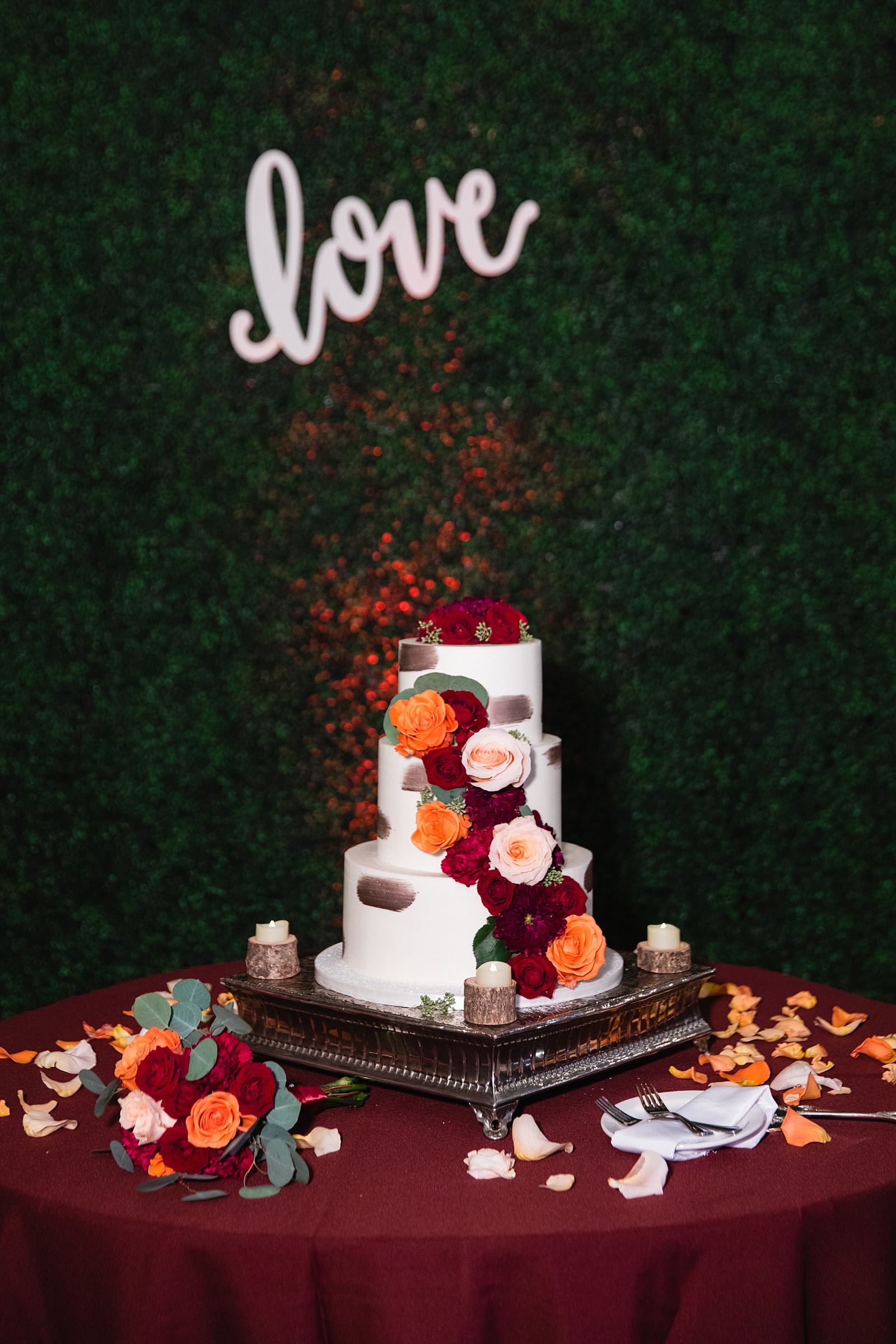 Cake table at Regency Garden wedding reception by Phoenix wedding photographer Juniper and Co Photography.