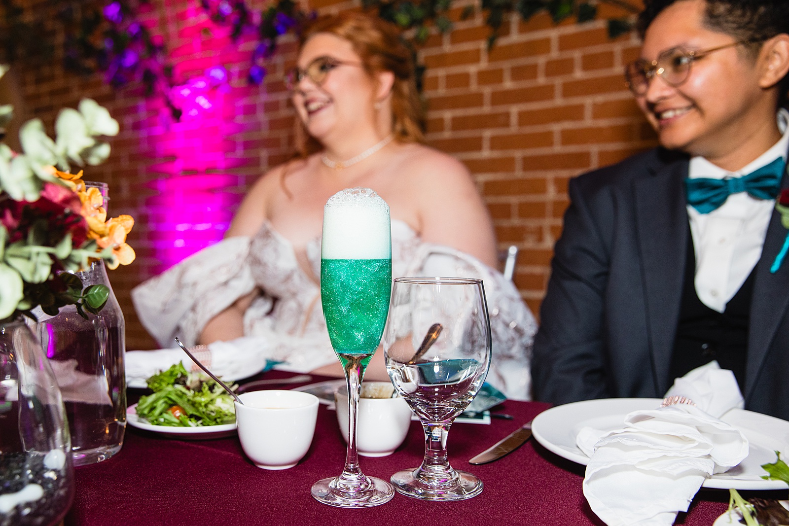 Couple's cotton candy glitter cider at their wedding reception at Regency Garden by Phoenix wedding photographer Juniper and Co Photography.