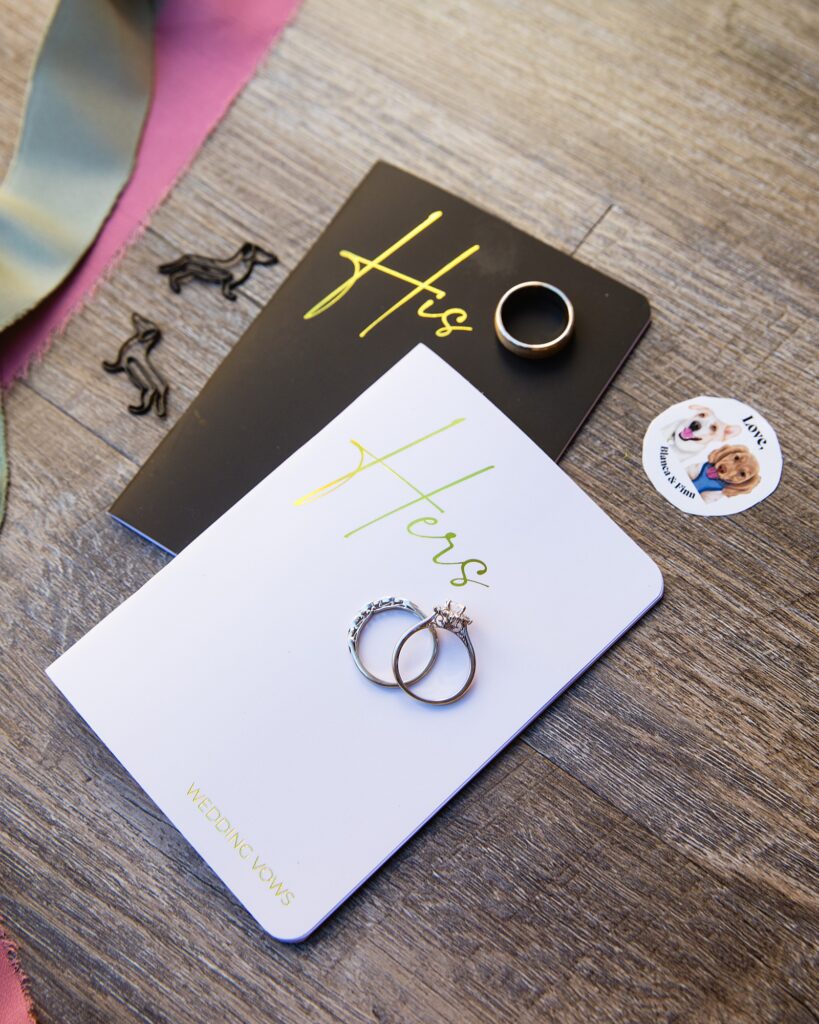 Bride and groom's wedding day details of stationary, vows and wedding bands by Juniper and Co Photography.