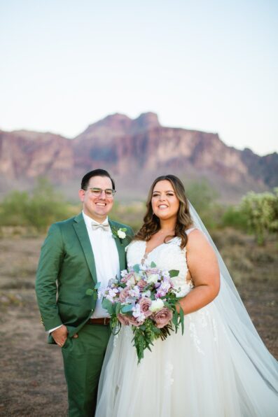 Bride & Groom pose for their a Phoenix desert intimate wedding by Phoenix wedding photographer Juniper and Co Photography.