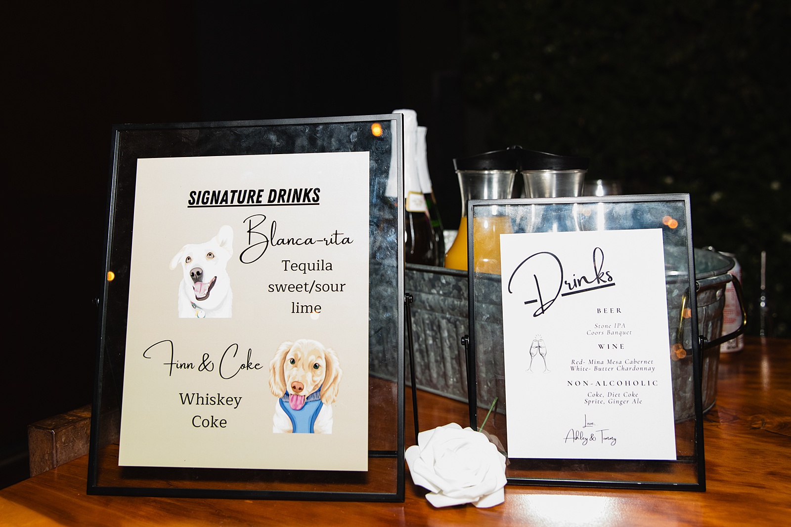 Signature drinks menu details wedding reception decorations at a Phoenix desert intimate wedding reception by Phoenix wedding photographer Juniper and Co Photography.
