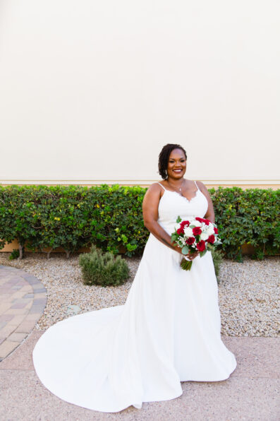 Bride's traditional wedding dress for her intimate desert wedding by Juniper and Co Photography.
