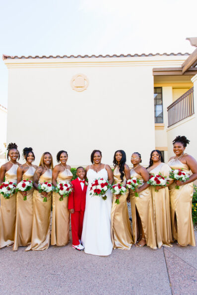Bride and bridesmaids together at a intimate desert wedding by Arizona wedding photographer Juniper and Co Photography.