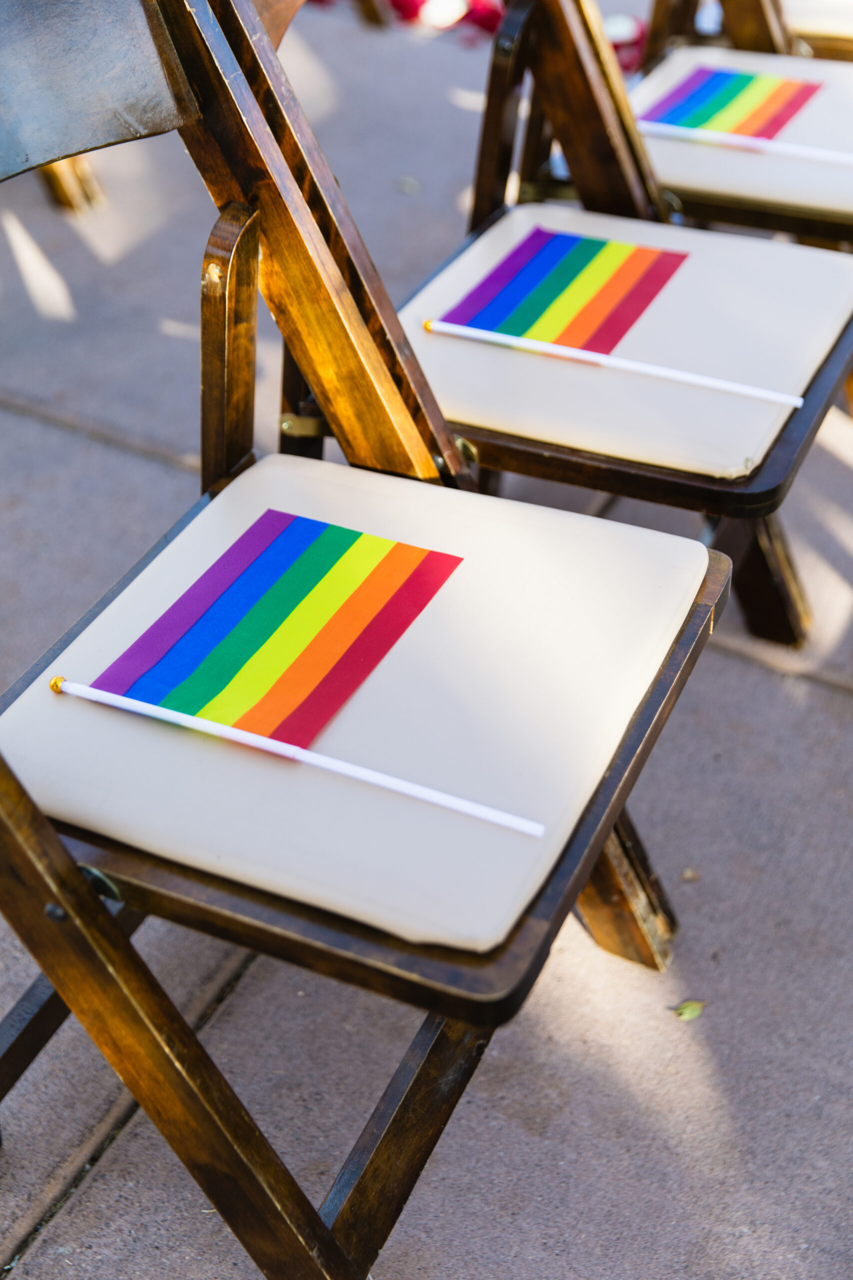 Wedding ceremony details of pride flags at intimate desert by Phoenix wedding photographer Juniper and Co Photography.